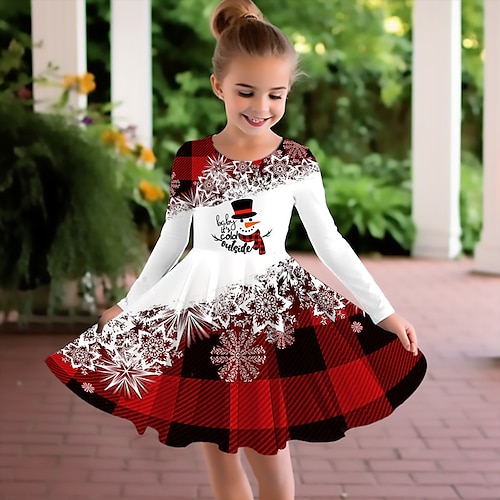 Mädchen' 3D Plaid Schneemann Schneeflocke Kleid Schneeflockenkleid Langarm 3D-Druck Herbst Winter Urlaub Sport Natur Täglich Kuschelig Brautkleider schlicht Schön kinderkleidung 3-12 Jahre Casual Image