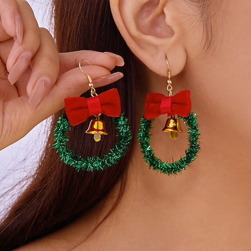 Weihnachtskranz-Ohrhänger mit roter Schleife und goldenem Glöckchen-Anhänger – festlicher Weihnachtsschmuck für Damen Image