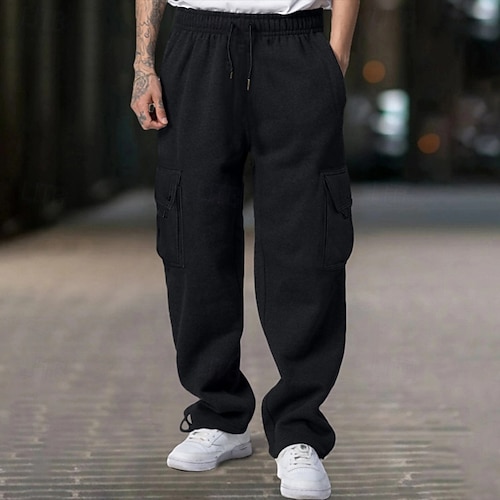 Herren Cargo-Jogginghose Jogginghose Fleecehose Hose Kordelzug Elastischer Bund Mehrere Taschen Einfach Komfort Warm Volle Länge Lässig Täglich Outdoor Sport Mode Schwarz Königsblau Image