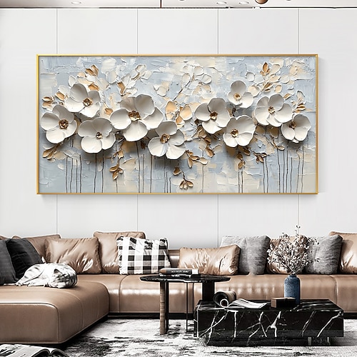 handgefertigtes Original-Ölgemälde mit 3D-Texturblumen auf Leinwand, abstrakte weiße Blumenwandkunst für die Inneneinrichtung mit gespanntem Rahmen ohne Innenrahmen Image