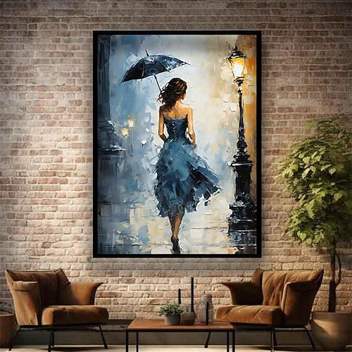 handgemachtes Gemälde einer Frau, die geht, handgemalt, sexy, blaues Kleid, Leinwandkunst, moderne Wanddekoration für schickes Home-Styling als einzigartiges Kunstgeschenk, kein Rahmen Image