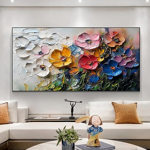 handgefertigtes Original-Ölgemälde mit 3D-Texturblumen auf Leinwand, abstrakte farbenfrohe florale Wandkunst für die Inneneinrichtung mit gespanntem Rahmen ohne Innenrahmen Image