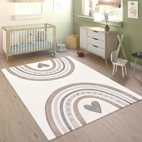 Teppich Kinderzimmer Kinderteppich Spielteppich Pastell 3D Regenbogen Herz Punkte 160x230 cm, Beige