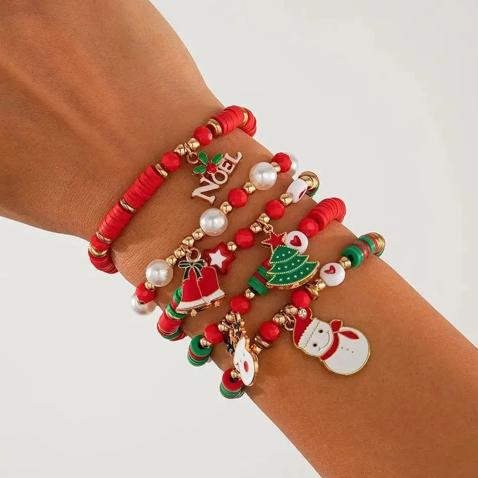 Purui Vintage gemischt 5 teile/satz Weihnachts baum Santa Claus Anhänger Armband Frauen rot weiche Keramik Perlen Armreifen Schmuck Geschenk neu