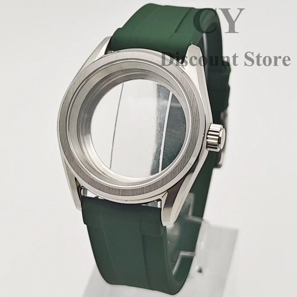 Nh35 silber 38mm edelstahl uhr gehäuse grün gummiband saphirglas gehäuse fit nh34 nh35 nh36 eta2824 pt5000 werk Image