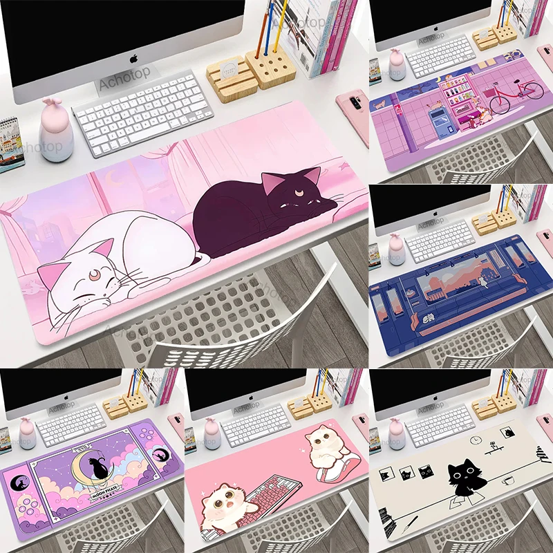 Laptop Mouse pad niedlichen Kawaii Anime Katzen Deskmat erweiterte Gaming Schreibtisch matte hochwertige rosa Anime Mauspad Gamer Tastatur Image