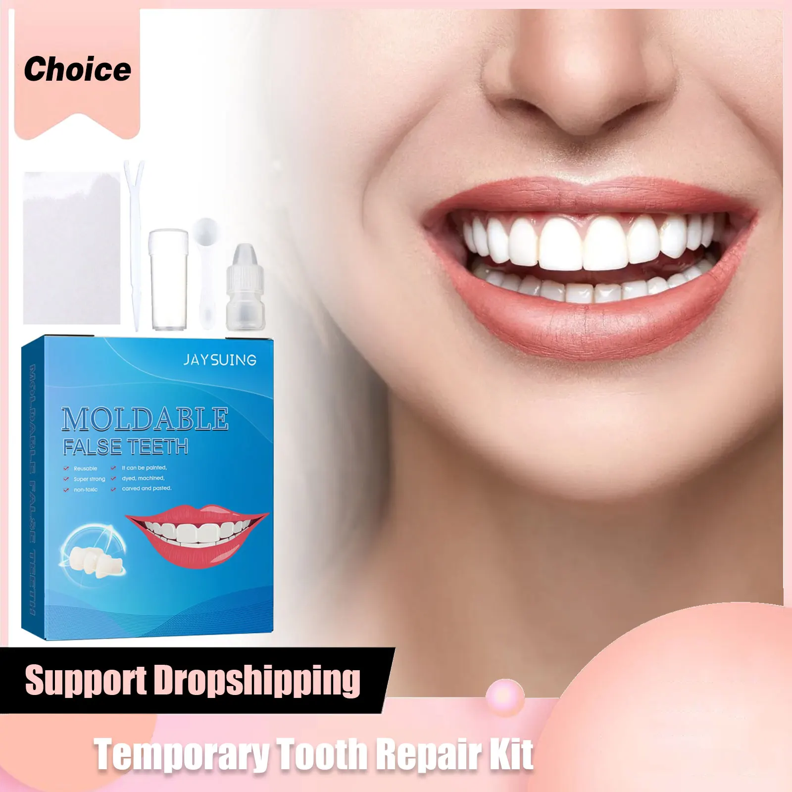 Temporäres Zahnreparaturset, falsche Zähne, fester Kleber, gebrochene Zähne, Füllung, Prothesenkleber, aufhellende, formbare Falseteeth Gaps Tools Image