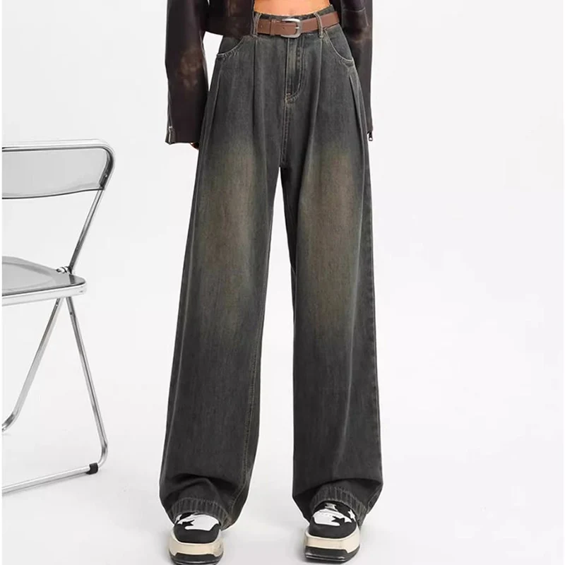 Frau Vintage hohe Taille Gothic Baggy Jeans Dame Streetwear verdicken weites Bein Hosen Mädchen Mode y2k grau gestapelte Jeans hose