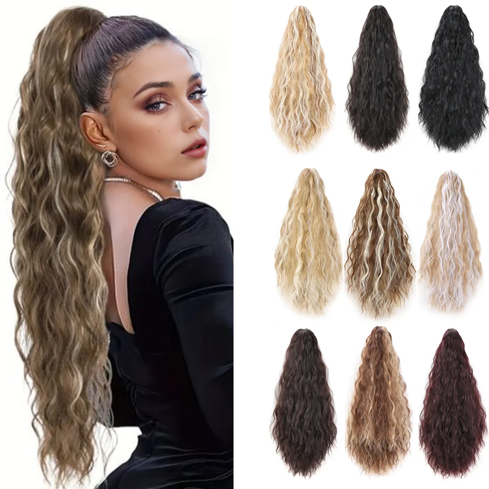 Klaue in Pferdeschwanz-Verlängerung, Mais, gewellt, Clip-in-Haarteil, Pferdeschwanz-Haarverlängerung, langer Pferdeschwanz, synthetisch, für Frauen Image