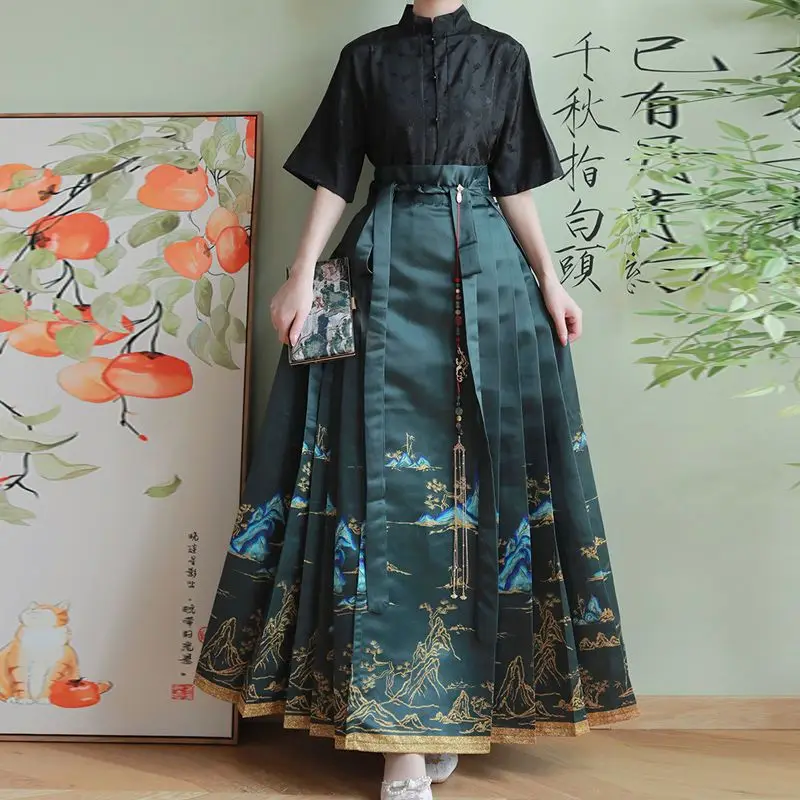 Hanfu Pferd Gesicht Rock Frauen Chinesischen Traditionellen Vintage Hanfu Gedruckt Falten Rock Blau Schwarz Beige Hemd + Rock Sets plus Größe