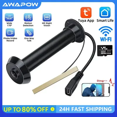 Awapow Tuya Door Peephole Viewer 170° Wide Angle Video Doorbell 2.4G/5G Wifi Mini Camera Night Vision 1080P Motion Detection NEW