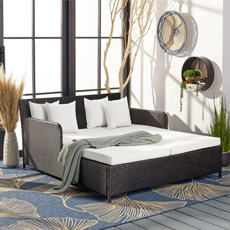 Resenkos Outdoor Patio Rattan Wicker Daybed Sectional Conversation Double Chaise Lounge White Resistant Cushions