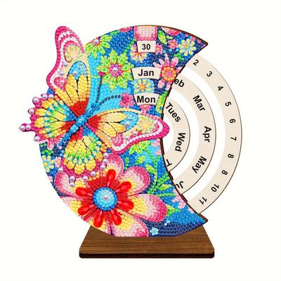 TEMU Diy Diamond Painting Calendar With Butterfly And Floral Design, Handcrafted Desktop Calendar Decor, Wooden Calendar Kit With Date Indicator, Festive Home And Garden Decor, 1-piece Set