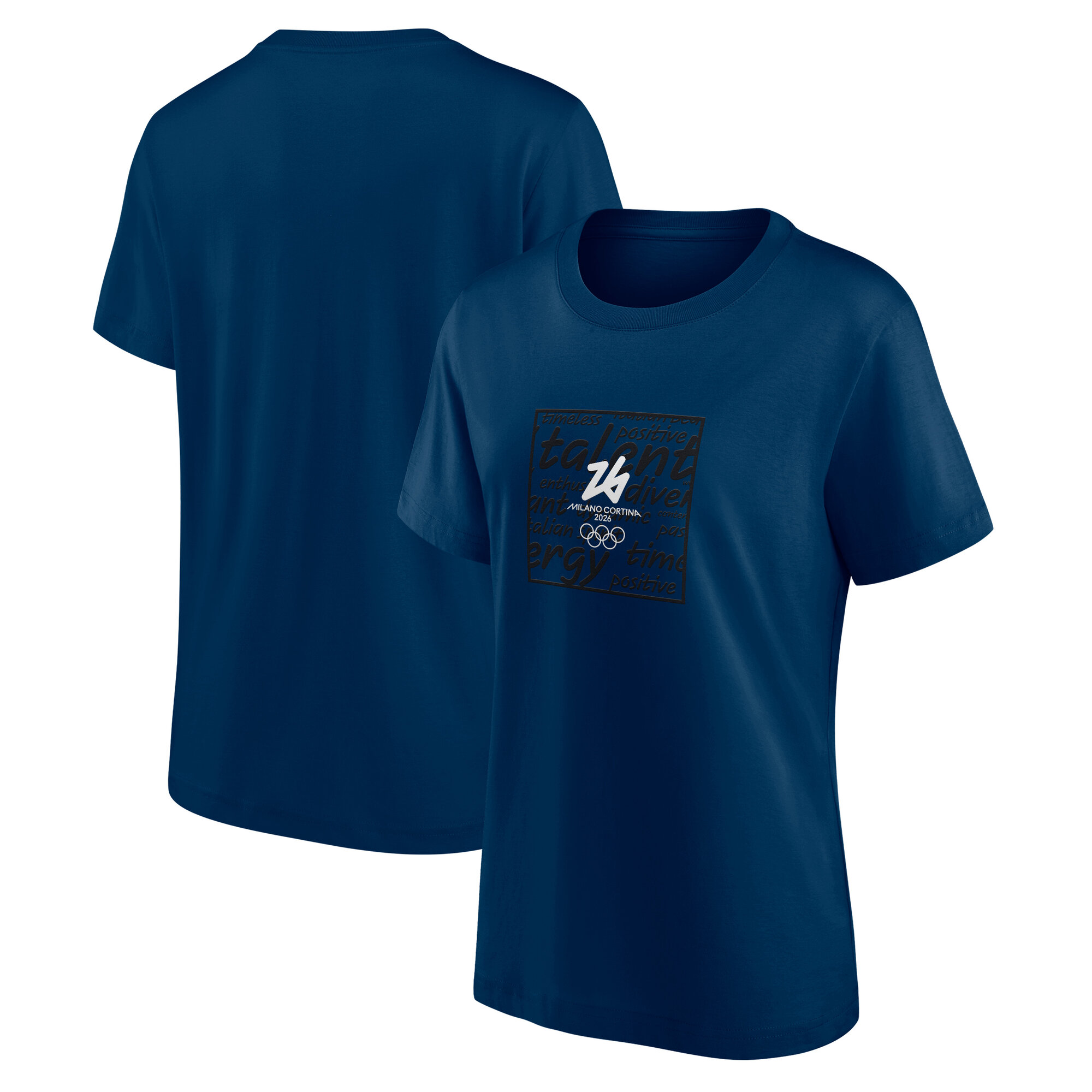 Milano Cortina 2026 Olympia-T-Shirt mit Box-Grafik und Werteumriss – Marineblau – Damen Image