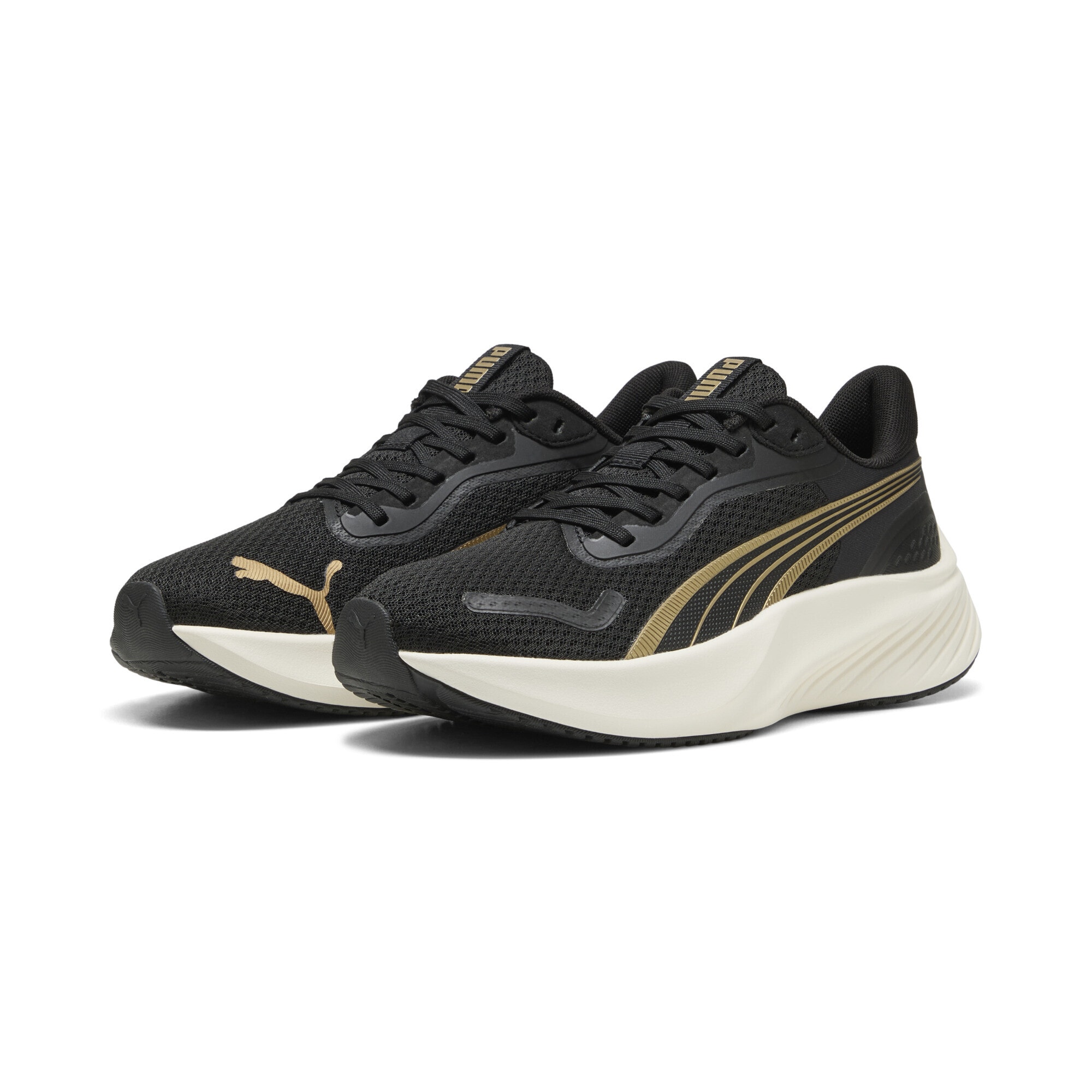 Trainingsschuh PUMA "Pounce Lite Laufschuhe Erwachsene", Herren, Gr. 44, schwarz (gold schwarz), Obermaterial: Textil, Synthetik; Futter: Textil; Innensohle: Textil; Laufsohle: Gummi, Schuhe