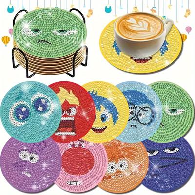 TEMU 9-piece Diamond Painting Coaster Set, Themed, Irregular Shaped Diamonds, Heat-resistant Non-slip Wooden Table Mats For Home Dining And Tea Table Decor, Diy Mosaic Art Craft Gift