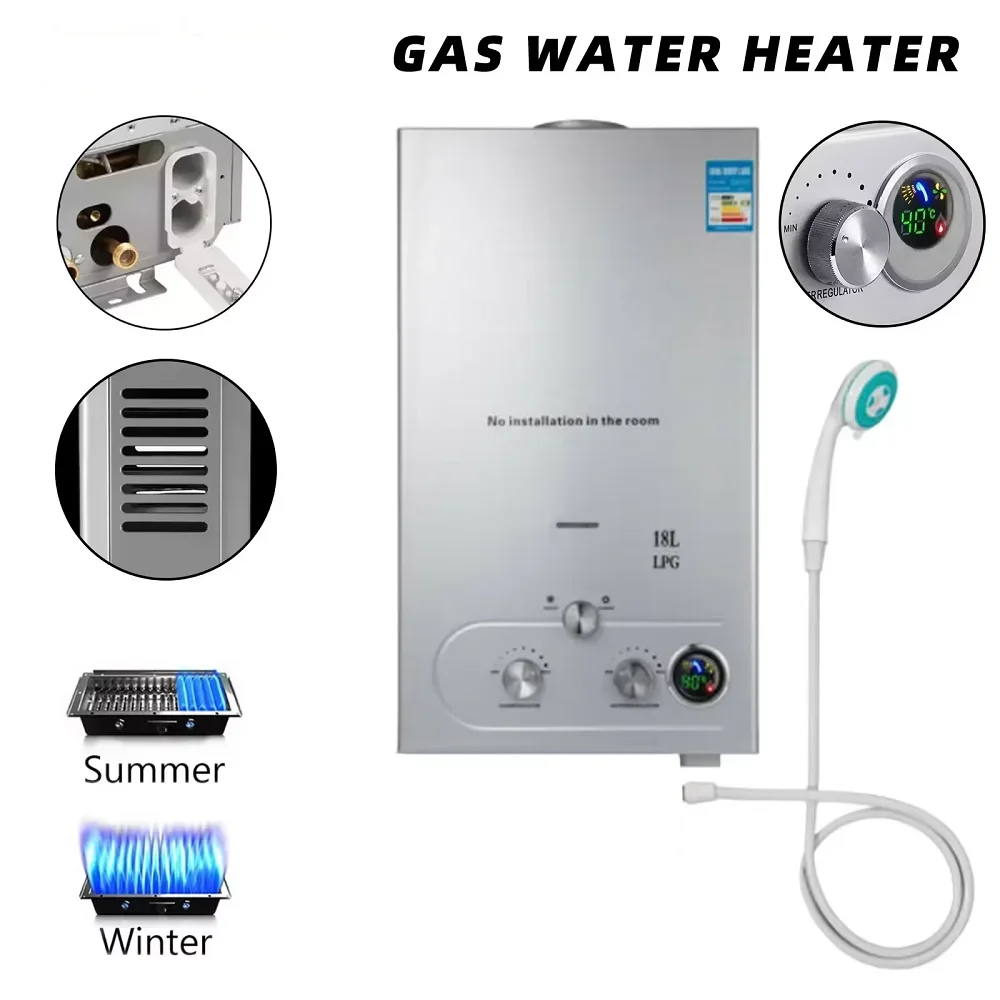 VEVOR 6L 8L 10L 12L 16L 18L LPG Tragbarer Durchlauferhitzer Propangas LPG Wandmontierter Durchlauferhitzer Digitalanzeige Image