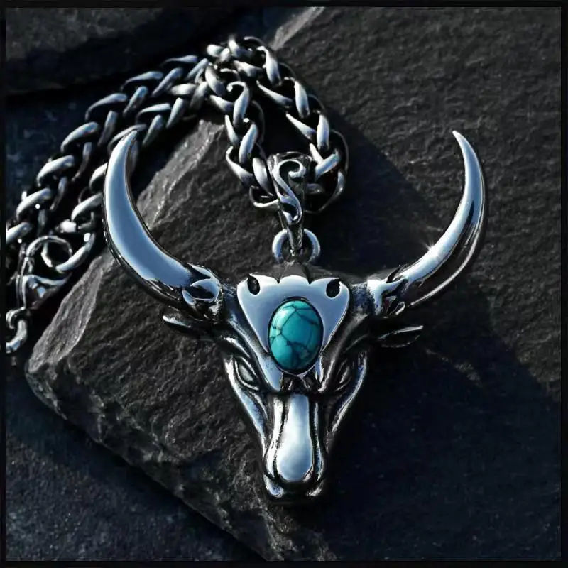 Gothic Green Stone Bull Skull Halskette Anhänger Punk Tier Halskette Herren Stier Sternzeichen Amulett Schmuck Jubiläumsgeschenk Image