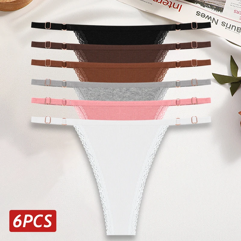 6 Stück Frauen Baumwolle Höschen sexy Spitze verstellbare Dessous weibliche atmungsaktive G-String Riemen einfarbige bequeme Unterhose Image