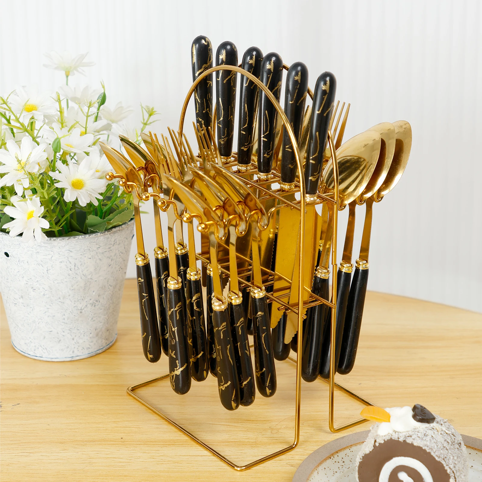 24-teiliges Geschirr-Set aus Edelstahl, Steakmesser, Gabel, Dessertgabel, Löffel mit Aufbewahrungshalter, Familienrestaurant, Messer, Gabeln, Löffel Image