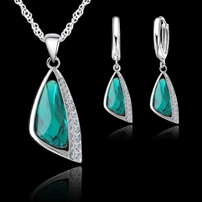 Förderung 925 Sterling Silber Farbe Schmuck Set Geometrische Österreichischen Kristall Strass Halskette Ohrring Frauen Hochzeit Verlobung Image