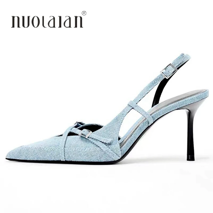 Sexy spitze Zehen High Heel Sandalen für Lady Blue Denim Stilettos Mode Schnalle Riemen elegante Damenschuhe 2024 Sommerschuhe