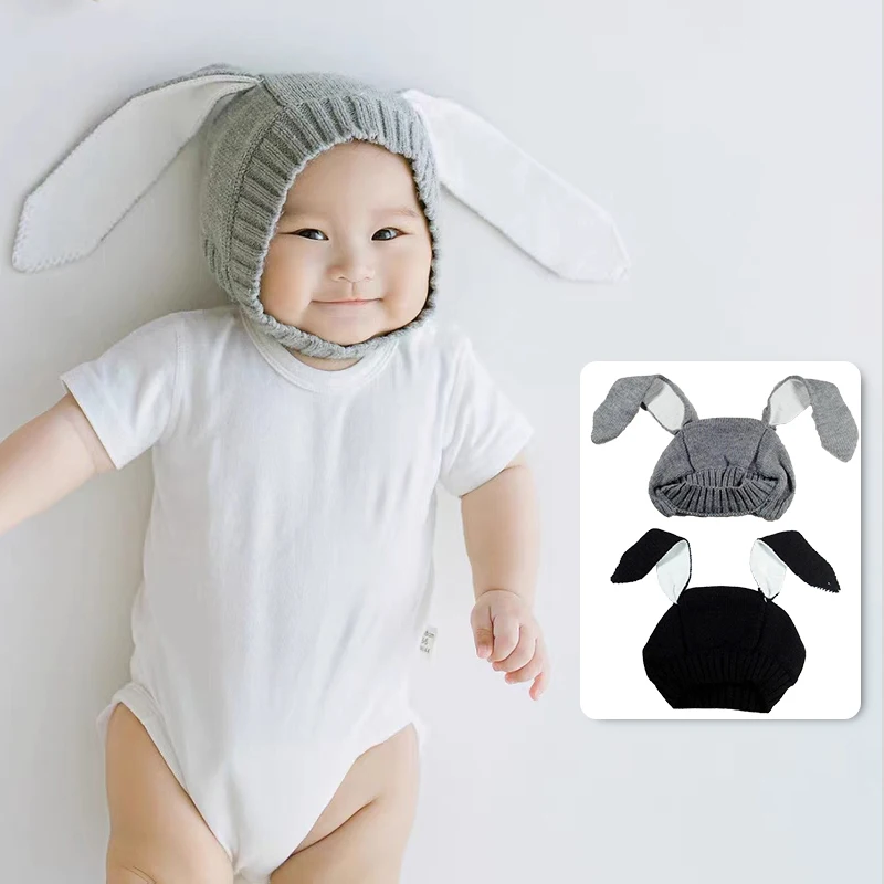 Nette Kaninchen Ohren Baby Hut Herbst Winter Warme Neugeborenen Gestrickte Kappe Einfarbig Cartoon Infant Junge Mädchen Ohr Schutz Hüte Image