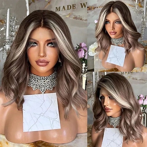 Remy Menschenhaar 5x5 Verschluss 13x4 Spitzenfront Perücke Kurzer Bob Brasilianisches Haar Wellen Blond Mehrfarbig Perücke 130% 150% Haardichte mit Babyhaar Strähnchen / Balayage-Technik Leimlos Image