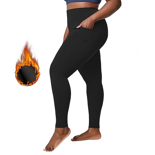 Damen Yogahose Fleece-gefütterte Leggings Yoga-Leggings Seitentaschen Po-Lifting Bauchkontrolle Hohe Taille Pilates Fitnesstraining Training Kurze Leggings Einfarbig Schwarz Burgund Dunkelmarine Image