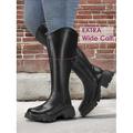 Kniehohe Damenstiefel mit extra weiter Wade – bequemes schwarzes Kunstleder mit robuster Sohle, perfekt für Outdoor-Abenteuer und den Alltag