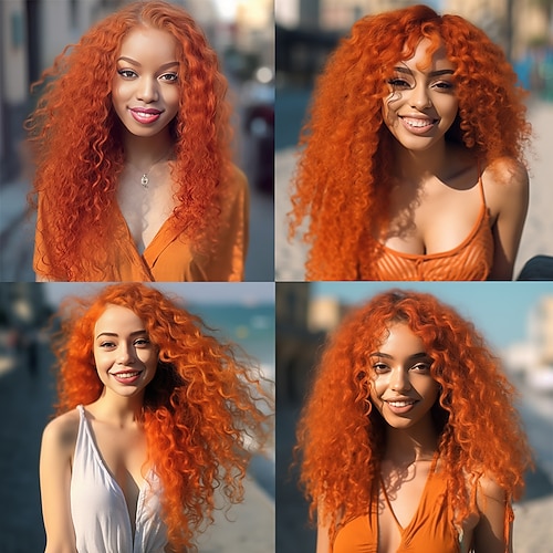 Remy Menschenhaar 13x6 Verschluss Perücke Freier Teil Brasilianisches Haar Natürlich gewellt Wasserwellen Orange Perücke 130% 150% 180% Haardichte mit Babyhaar 100% Jungfrau Leimlos Vorgerupft Für Image
