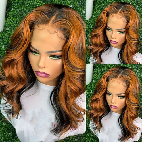 Remy Menschenhaar 5x5 Verschluss 13x4 Spitzenfront Perücke Kurzer Bob Brasilianisches Haar Große Wellen Mehrfarbig Perücke 130% 150% Haardichte mit Babyhaar Strähnchen / Balayage-Technik Leimlos Für Image