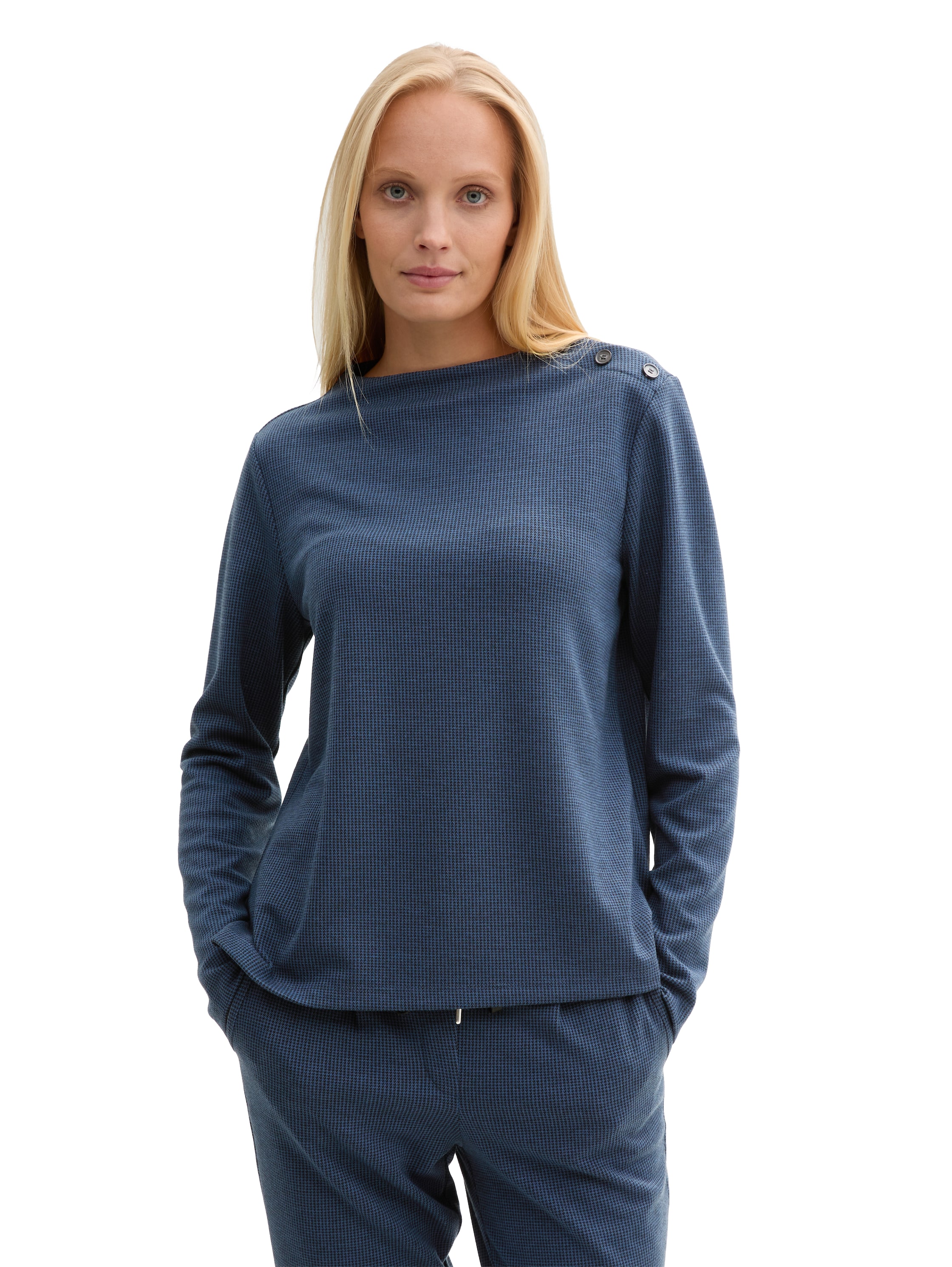Longsweatshirt TOM TAILOR, Damen, Gr. S (36), blau (colony blau schwarz mini pepita), Obermaterial: 66% Polyester, 32% Viskose, 2% Elasthan, Jacquardmuster, regular fit taillenbedeckt, U-Boot-Ausschnitt, gerader Abschluss, Sweatshirts, mit Knöpfen...