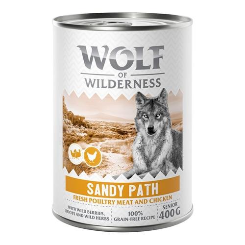 5 + 1 gratis! 6 x 400 g Wolf of Wilderness - SENIOR: Sandy Path - Geflügel mit Huhn