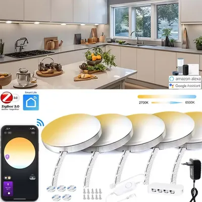 Zigbee 3.0 Round Dual White LED Under Cabinet Light Kit CCT Color Diming Voice/App Control for Wardrobe Closet Bedroom kitchen