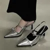 Damen Silber Schnalle Sling back High Heels spitz 2024 Sommer dünne Ferse Lederschuhe für Frau