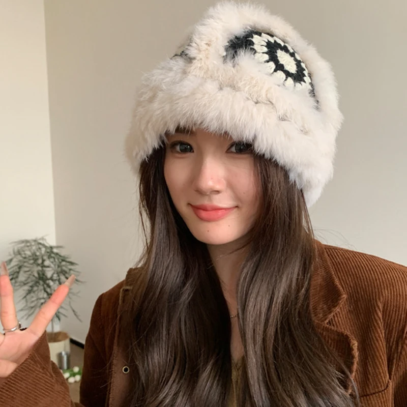 Kaninchen Haar Hut Mädchen Strick mütze Gehörschutz Retro Fischer Hut Dame handgemachte Häkeln Panama Eimer Hut Becken Hut Image