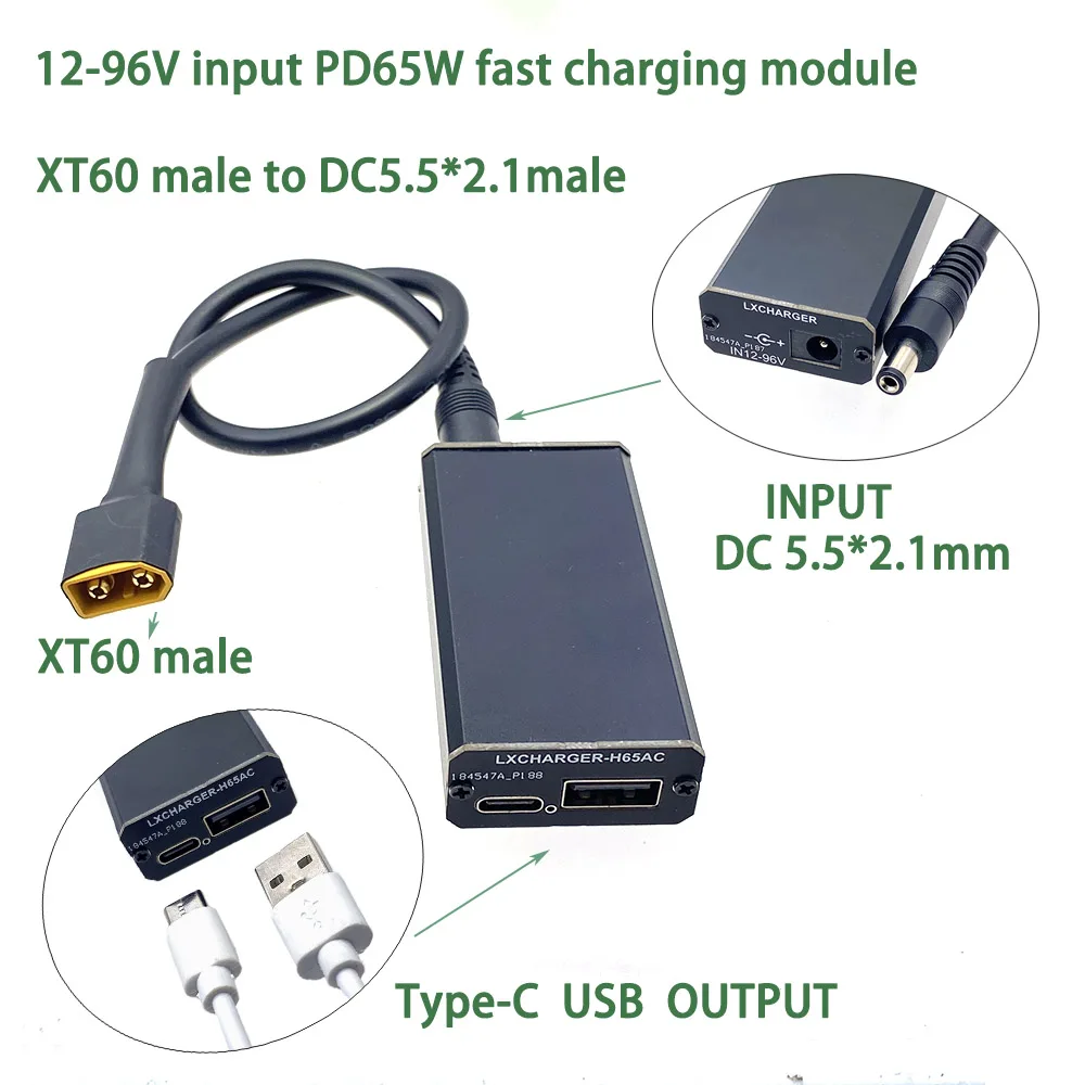 DC12-96V Step Down Modul PD65W PD/QC3.0 QC2.0 Doppel USB Typ-C Handy Schnell Lade Adapter XT60 XT90 EC5 zu 5V Stecker Image