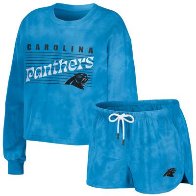 Damen WEAR by Erin Andrews Blaues Carolina Panthers Tie-Dye-Lounge-Set aus kurzem Pullover, Sweatshirt und Shorts Image
