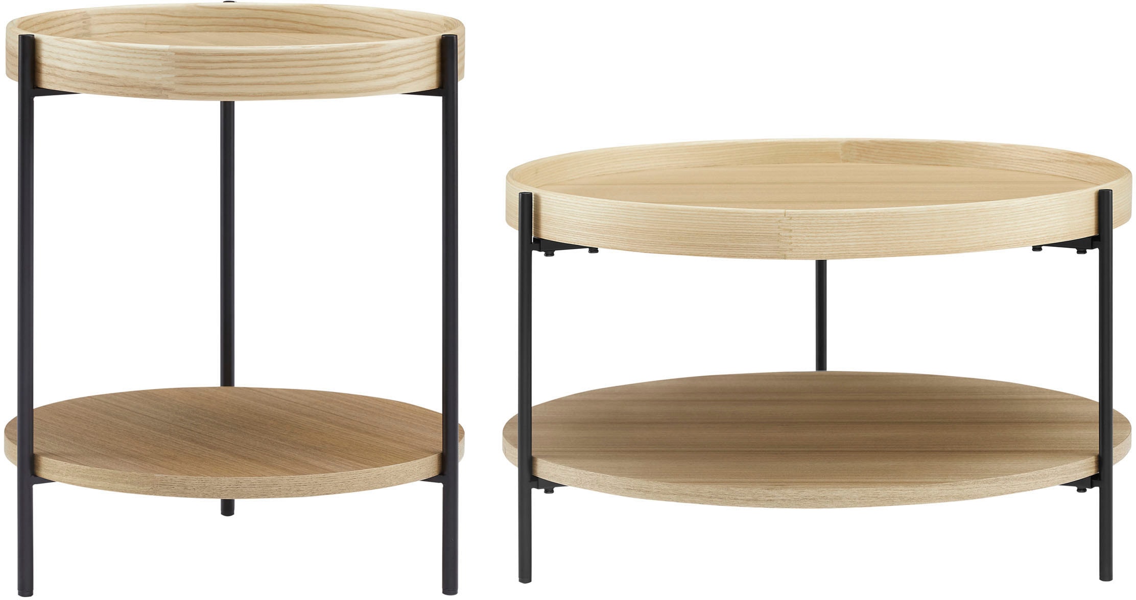 Couchtisch SALESFEVER "Chicago Couchtisch-Set rund 2-teilig mit 2 Ablageflächen", beige (natur, schwarz, schwarz, natur), B:69cm H:39cm T:69cm, MDF mit Eschenholzfurnier, Metall, Tische, Couchtisch, Moderner Wohnzimmertisch mit zusätzlichem Stauraum