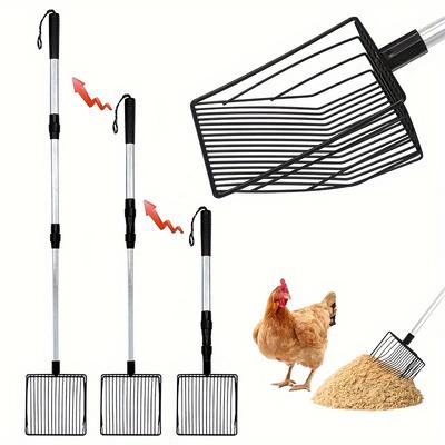 TEMU 1pc Heavy Duty Adjustable Stainless Steel Chicken Poop Scooper With 3 Interchangeable Sifting Shovels & Ergonomic Handle - Durable Coop Cleaning Tool For Poultry Farms, Backyard Coops