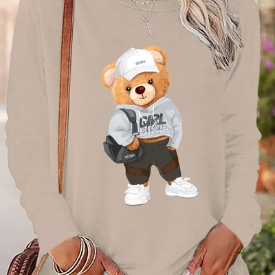 TEMU Women's Casual Cartoon Bear Graphic Print Long Sleeve T-shirt, Crew Neck Polyester Knit Fabric Top For Spring & Fall, Regular Fit Pullovers With Applique Detail - 100% Polyester Image