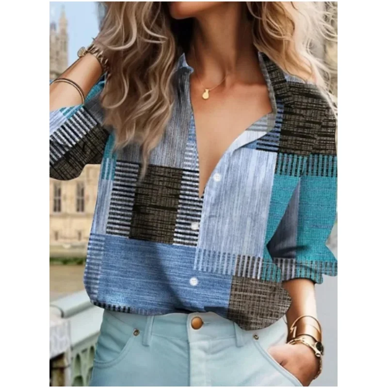 Primavera estate nuove donne camicia 3D griglia moda stampa per le donne camicetta a maniche lunghe allentata stile Casual camicia da donna top