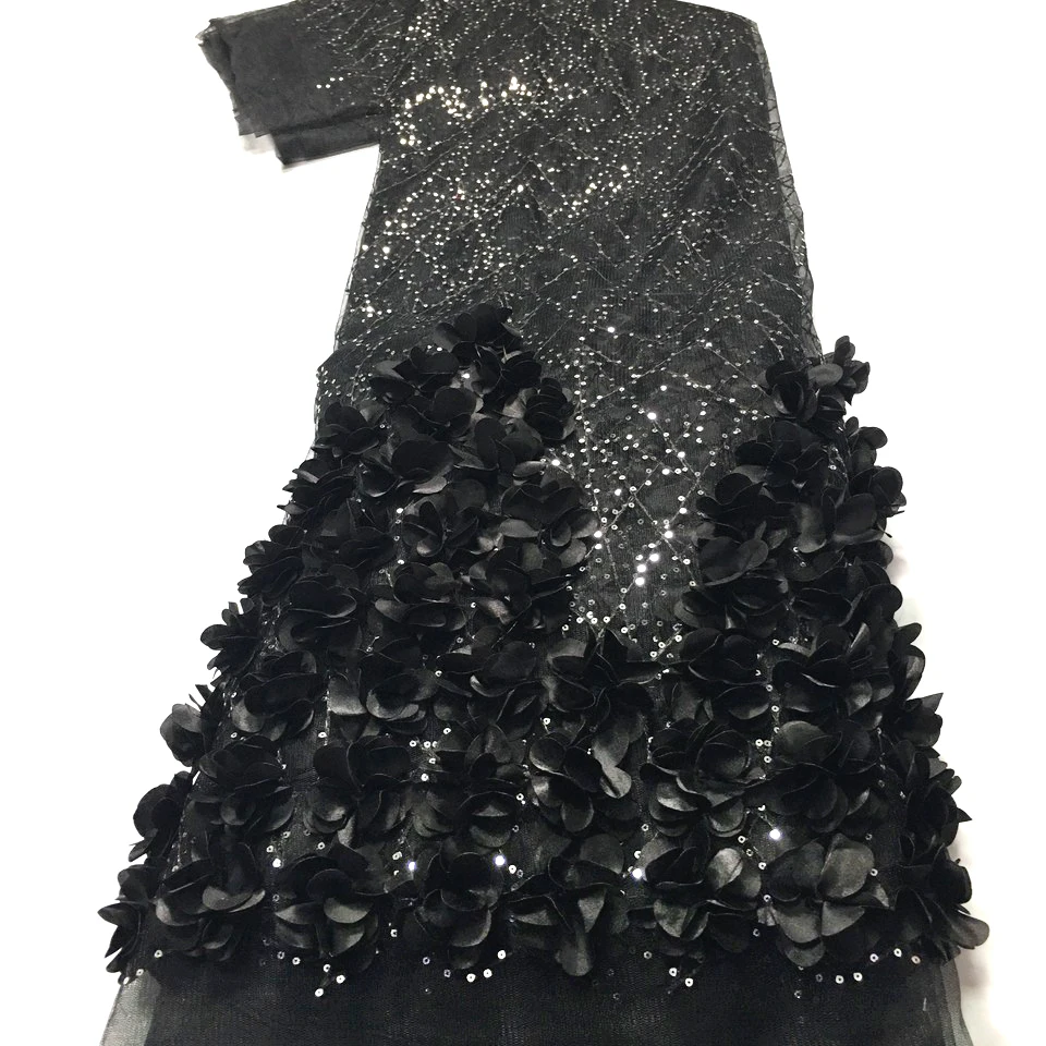 3d francese tulle tessuto africano del pizzo 2025 di alta qualità nero ricamo paillettes tessuti di pizzo nigeriano 5 metri per il vestito AM45221