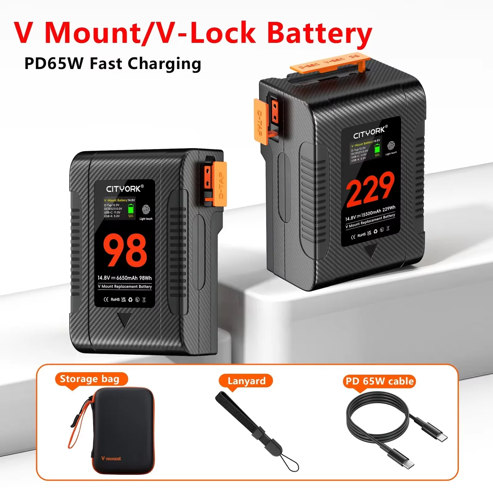 Nuovo V-Lock V Mount 98Wh 229Wh Batteria BP con cavo PD 65W per Sony Sony Camcorder Broadcast Video Light Blackmagic URSA