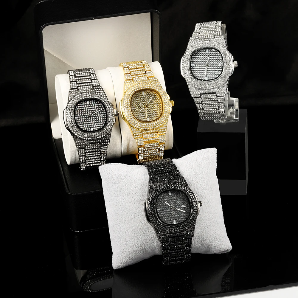 Montre à Quartz Glacée pour Homme et Femme, 1 Pièce, Style Hip-Hop, Punk, Complet, Diamants, Ajusteur de Taille, Coffret Cadeau, Bijoux de ix