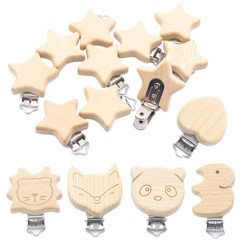 5 pièces clips de sucette en hêtre sans BPA, accessoires de chaîne de mamelon, modélisation de sucette, mignon petites étoiles d'éléphant en forme de cœur pour bébé, bricolage préféré