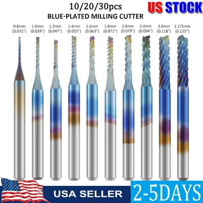 30/10Pcs End Mill CNC Router Bits, 0.8-3.175MM Nano Blue Coat Milling Cutter Set for PCB/ SMT/ CNC