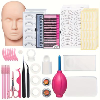 TEMU Eyelash Extension Training Kit With Mannequin Head, Brushes, Tweezers, Scissors, And False Lashes - Beginners To Practice Makeup Techniques Image