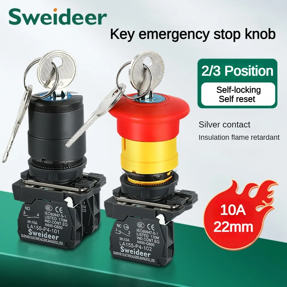 Interruttore a Manopola XB4 22mm con Selettore a Chiave, 2/3 Posizioni, Autobloccante, Momentaneo, con Reset Automatico, Pulsante di Arresto di Emergenza, Interruttore a Pulsante di Alimentazione 10A